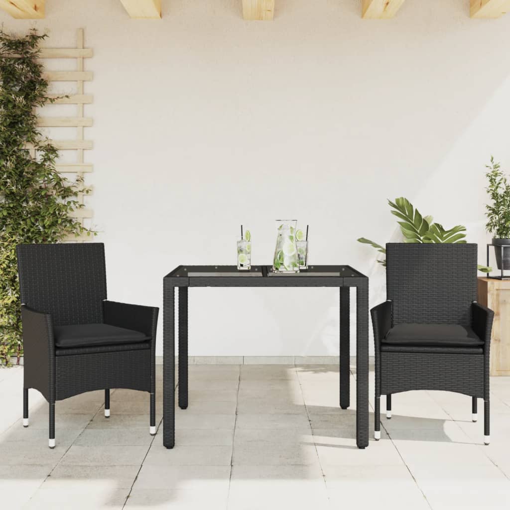 vidaXL 3-tlg. Garten-Essgruppe mit Kissen Schwarz Poly Rattan Glas