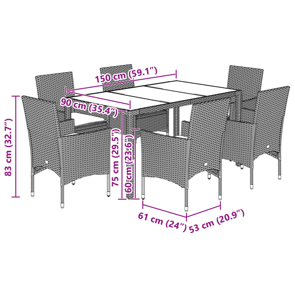 imagem de vidaXL 5 pcs conjunto jantar jardim c/ almofadões vime PE/vidro preto8