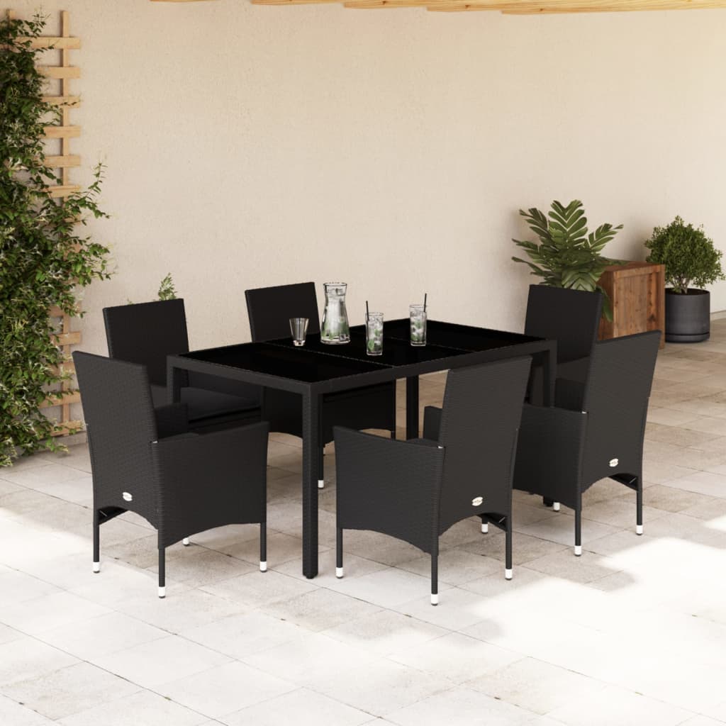 vidaXL 7-tlg. Garten-Essgruppe mit Kissen Schwarz Poly Rattan Glas