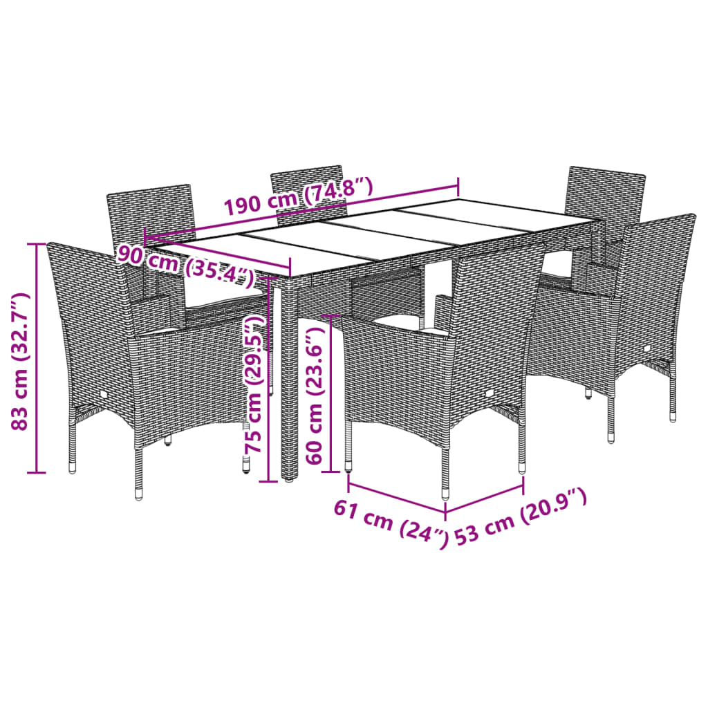 imagem de vidaXL 7 pcs conjunto jantar jardim c/almofadões vime PE/vidro preto8