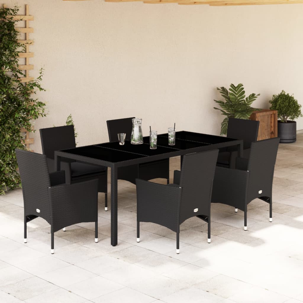 imagem de vidaXL 7 pcs conjunto jantar jardim c/almofadões vime PE/vidro preto1