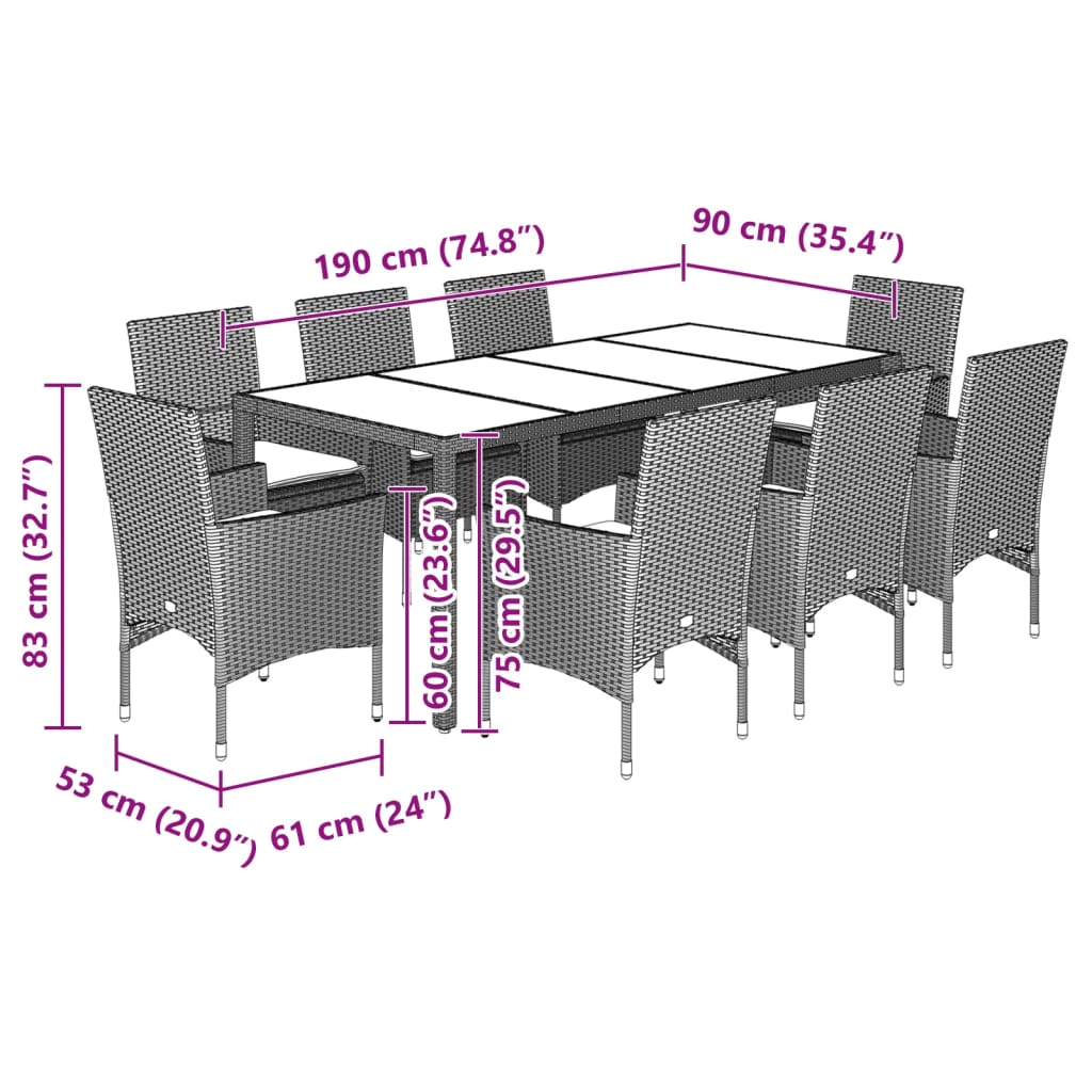 imagem de vidaXL 9 pcs conjunto jantar jardim c/ almofadões vime PE/vidro preto8