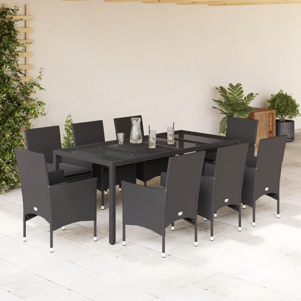 imagem de vidaXL 9 pcs conjunto jantar jardim c/ almofadões vime PE/vidro preto1