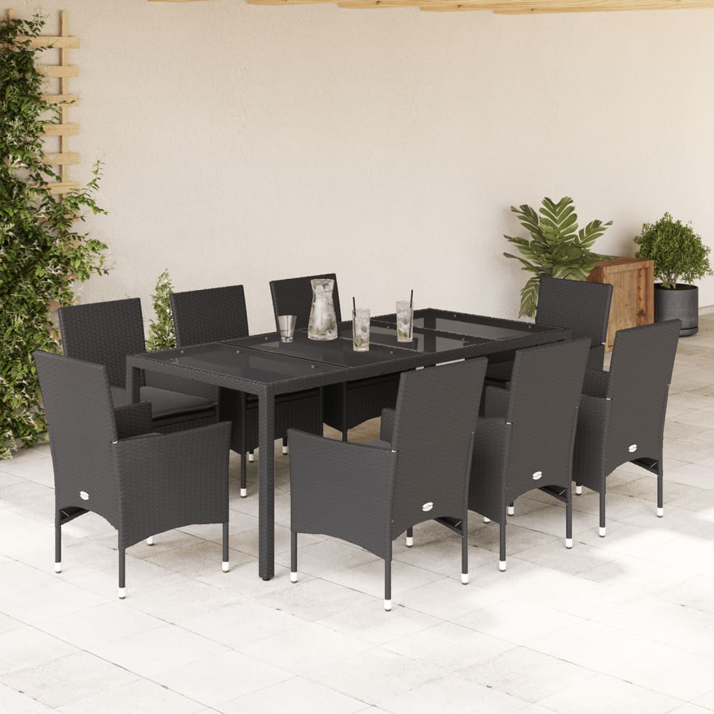 vidaXL 9-tlg. Garten-Essgruppe mit Kissen Schwarz Poly Rattan und Glas