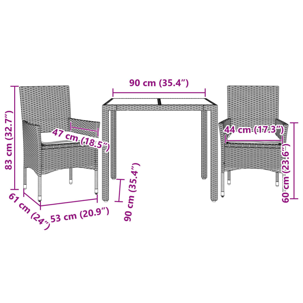 imagem de vidaXL 3pcs conjunto jantar jardim c/almofadões vime PE/vidro castanho8