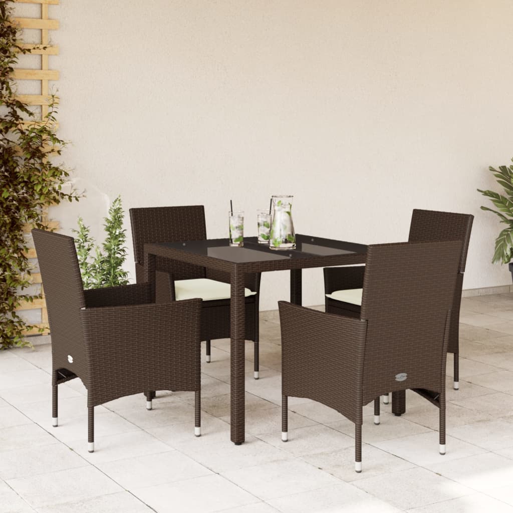 imagem de vidaXL 5pcs conjunto jantar jardim c/almofadões vime PE/vidro castanho1