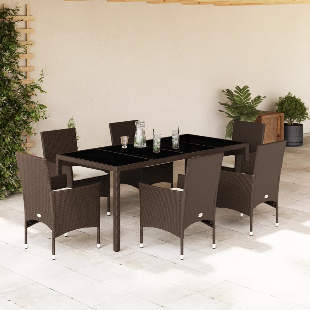 vidaXL 7-tlg. Garten-Essgruppe mit Kissen Braun Poly Rattan und Glas