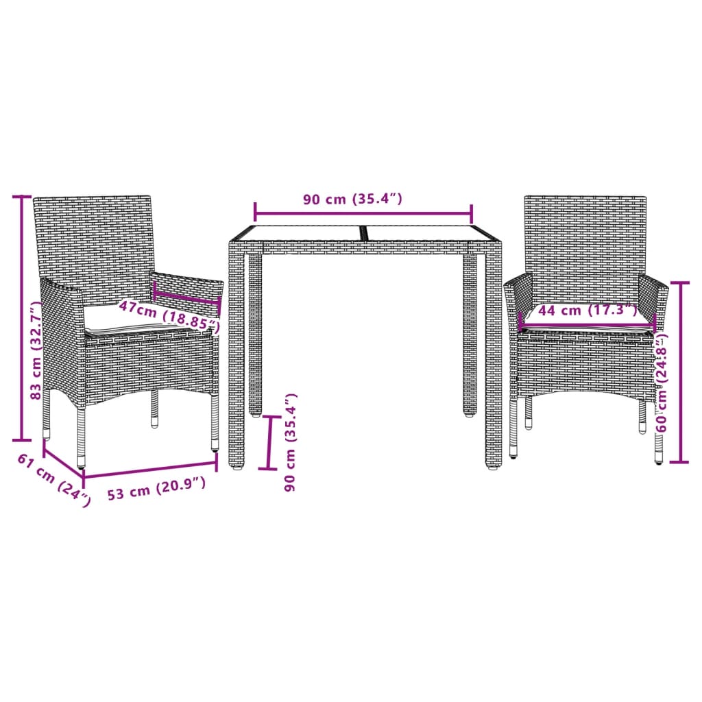 imagem de vidaXL 3 pcs conjunto jantar jardim c/ almofadões vime PE/vidro cinza8