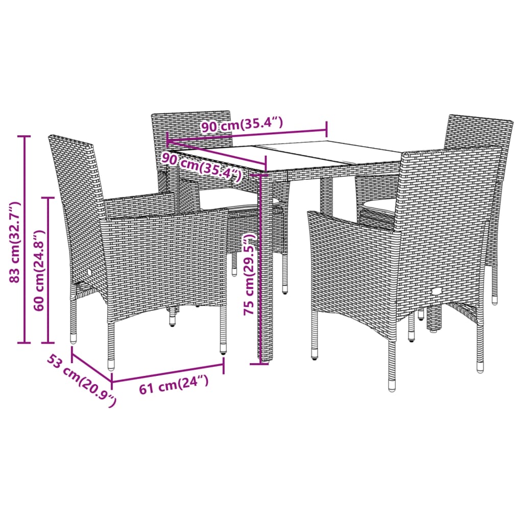 imagem de vidaXL 5 pcs conjunto jantar jardim c/ almofadões vime PE/vidro cinza9