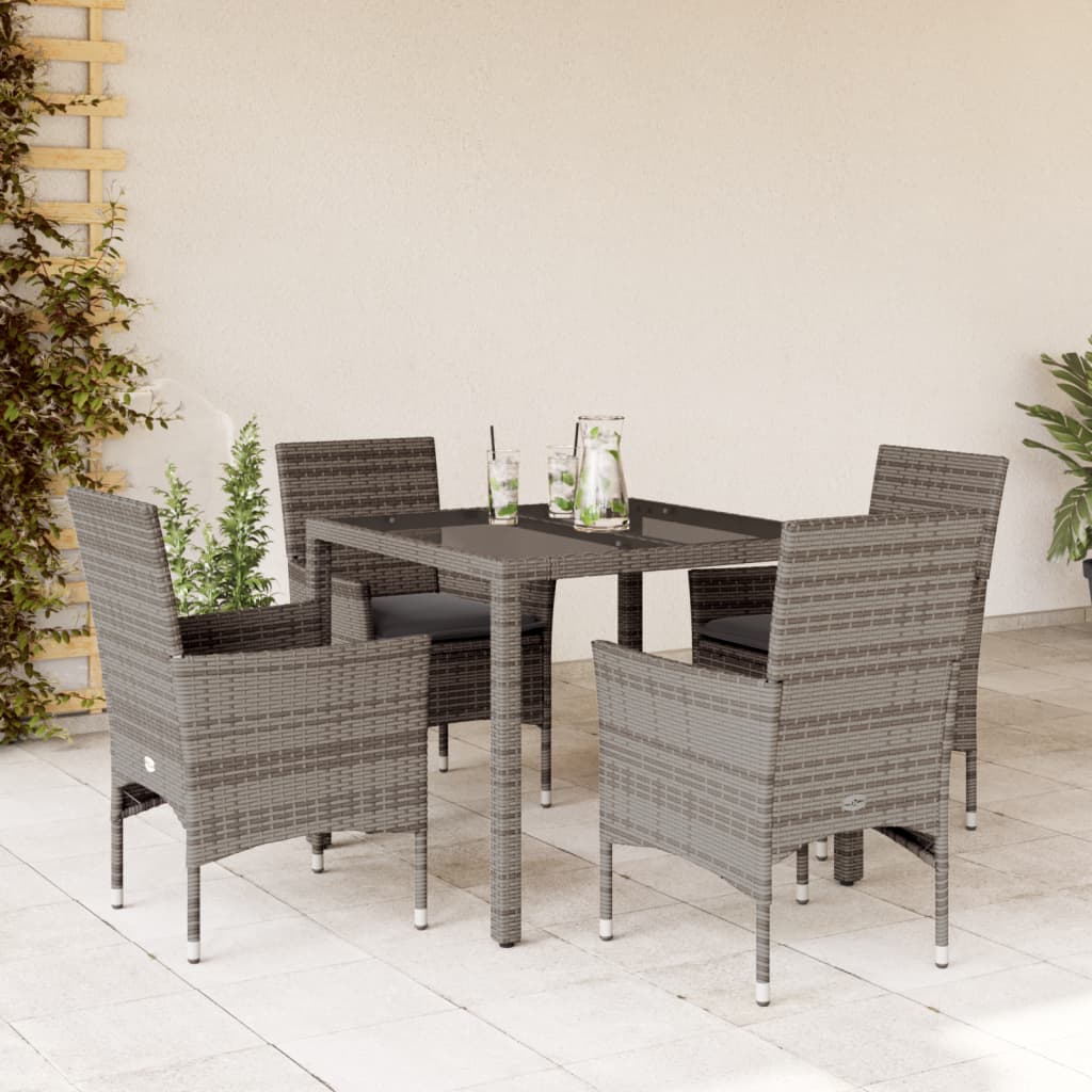 vidaXL 5-tlg. Garten-Essgruppe mit Kissen Grau Poly Rattan und Glas