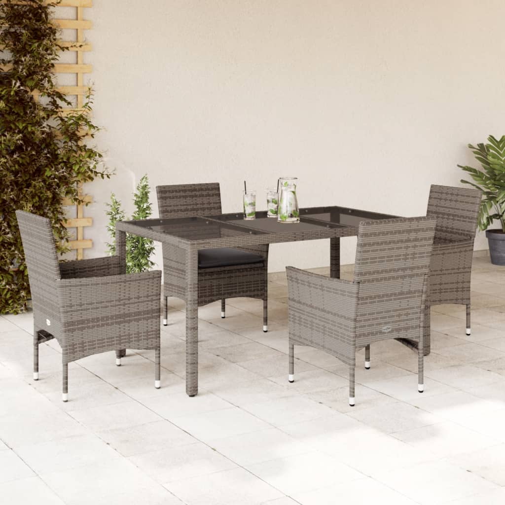 vidaXL 5-tlg. Garten-Essgruppe mit Kissen Grau Poly Rattan und Glas