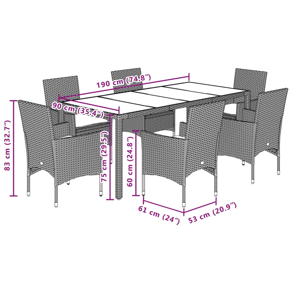 imagem de vidaXL 7 pcs conjunto jantar jardim c/ almofadões vime PE/vidro cinza8