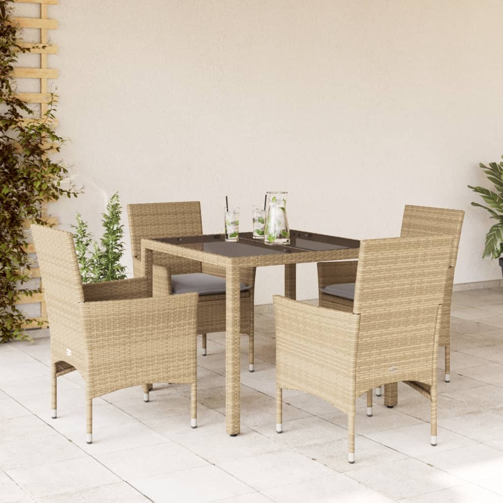 vidaXL 5-tlg. Garten-Essgruppe mit Kissen Beige Poly Rattan und Glas