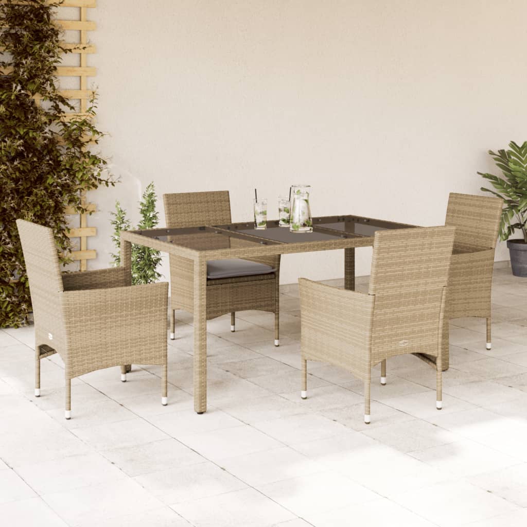 vidaXL 5-tlg. Garten-Essgruppe mit Kissen Beige Poly Rattan und Glas