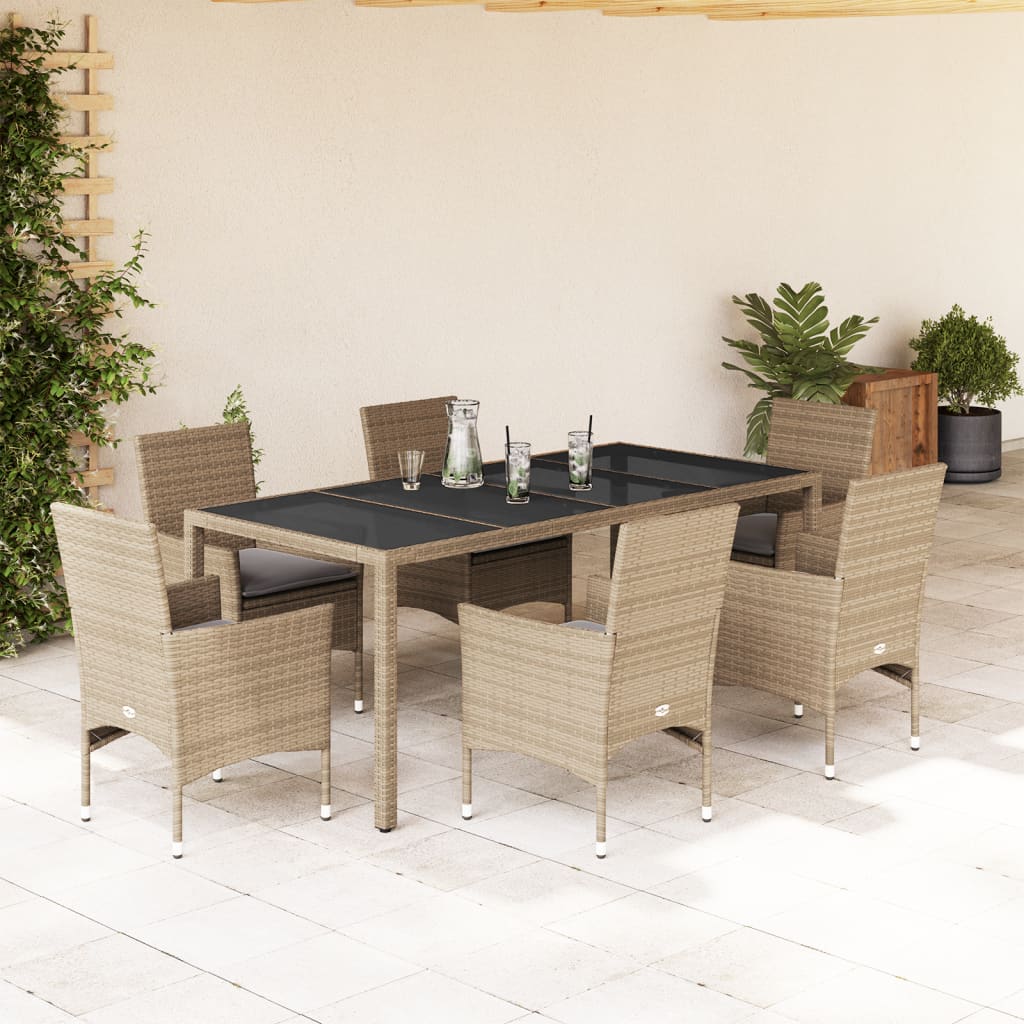 vidaXL 7-tlg. Garten-Essgruppe mit Kissen Beige Poly Rattan und Glas