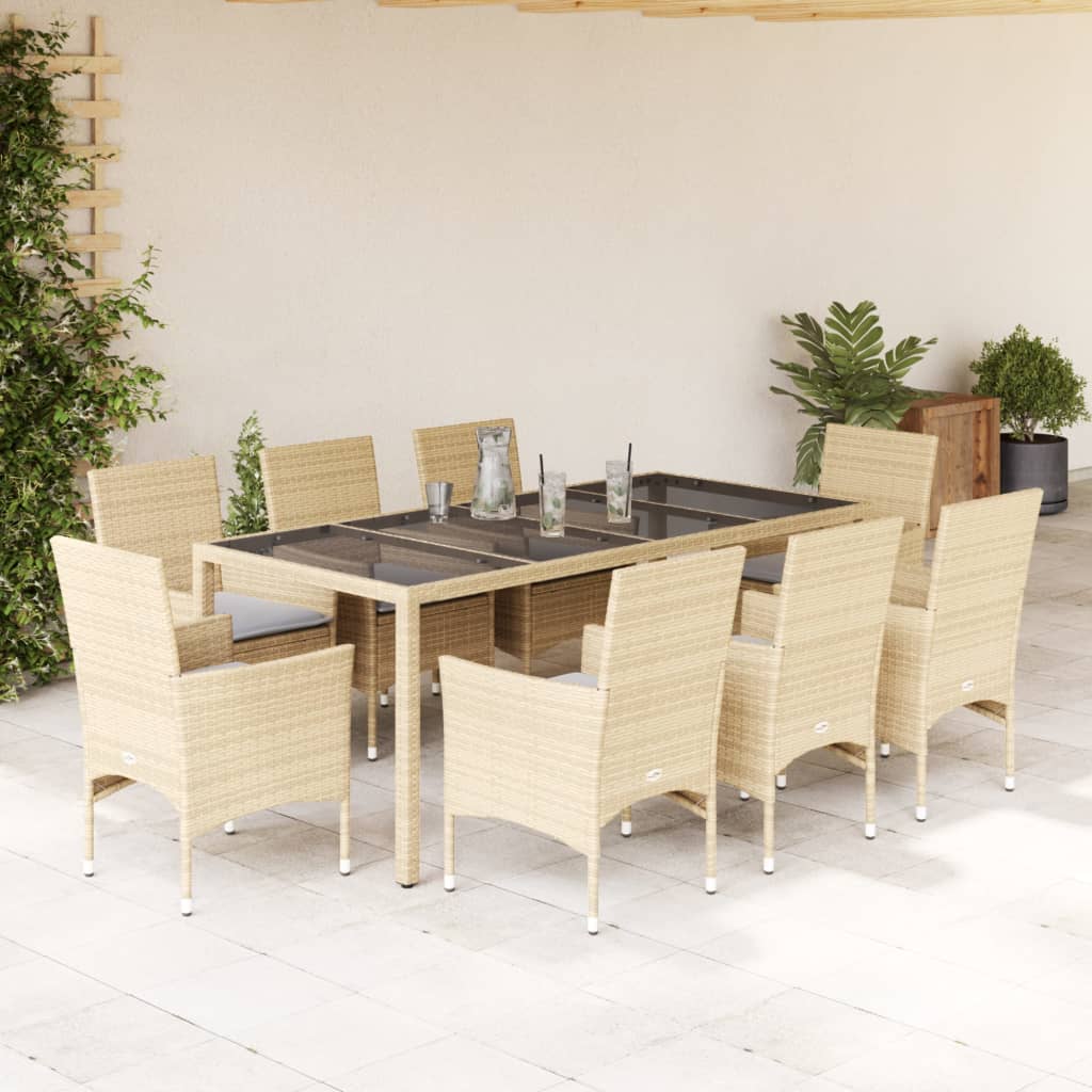 imagem de vidaXL 9 pcs conjunto jantar jardim com almofadões vime PE/vidro bege1