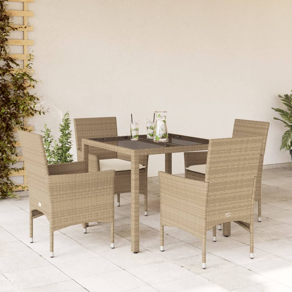 vidaXL 5-tlg. Garten-Essgruppe mit Kissen Beige Poly Rattan und Glas