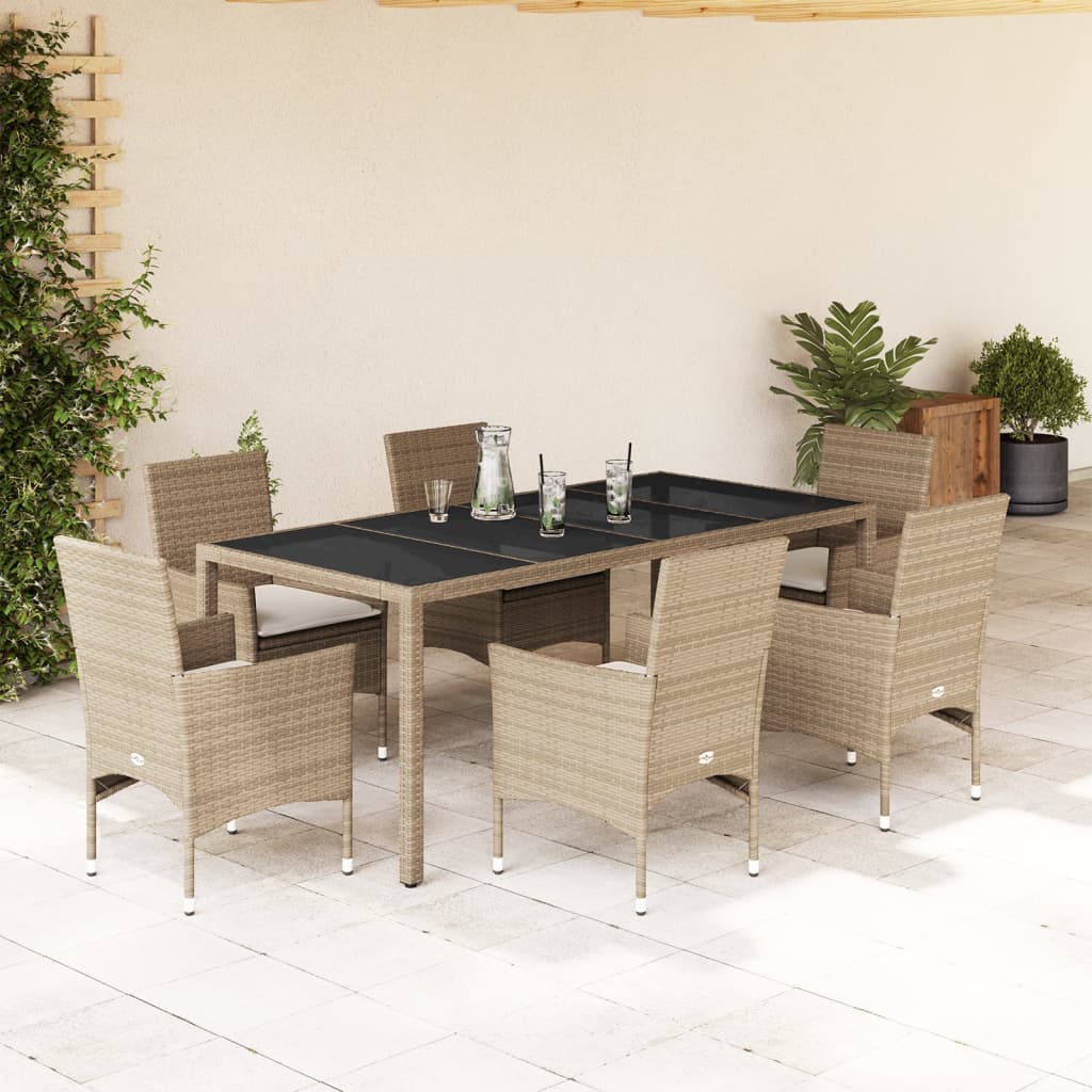 vidaXL 7-tlg. Garten-Essgruppe mit Kissen Beige Poly Rattan und Glas