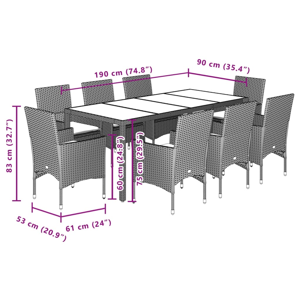 imagem de vidaXL 9 pcs conjunto jantar jardim com almofadões vime PE/vidro bege8