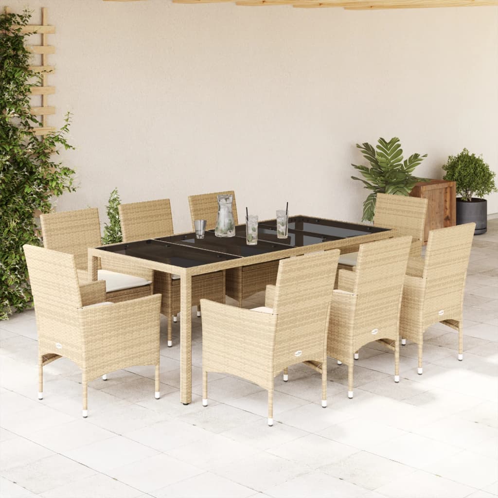 vidaXL 9-tlg. Garten-Essgruppe mit Kissen Beige Poly Rattan Glas