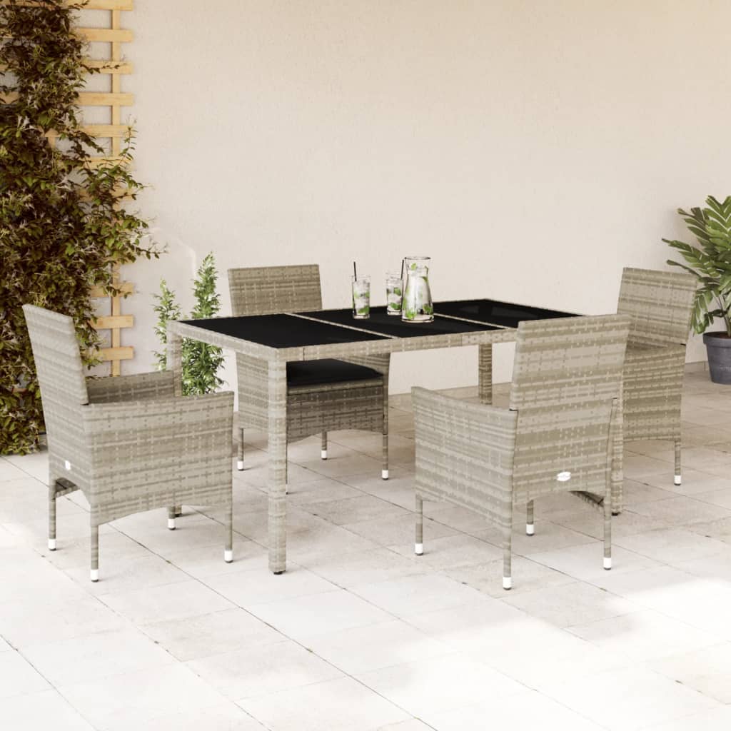 vidaXL 5-tlg. Garten-Essgruppe mit Kissen Hellgrau Poly Rattan Glas