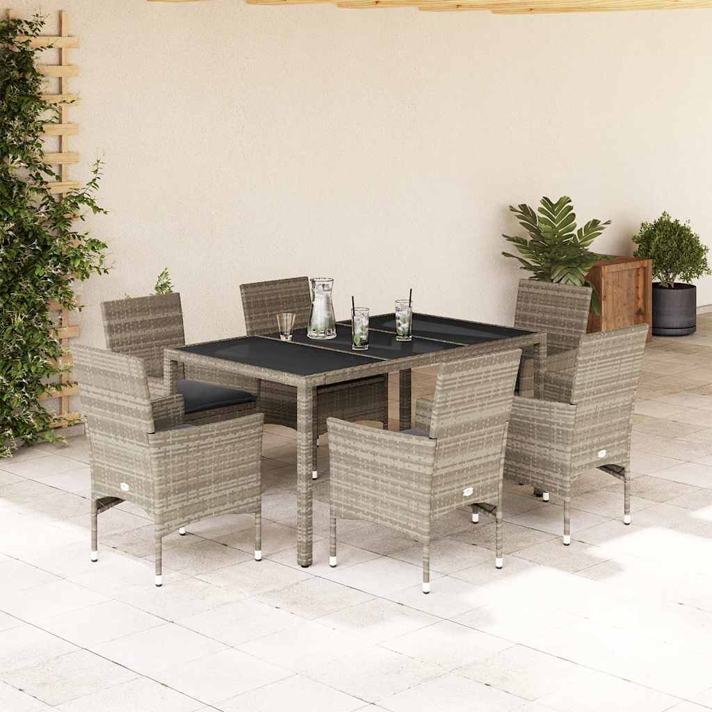 vidaXL 7-tlg. Garten-Essgruppe mit Kissen Hellgrau Poly Rattan & Glas