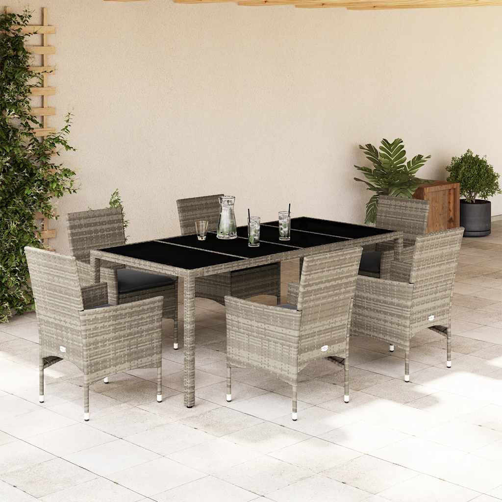 vidaXL 7-tlg. Garten-Essgruppe mit Kissen Hellgrau Poly Rattan & Glas