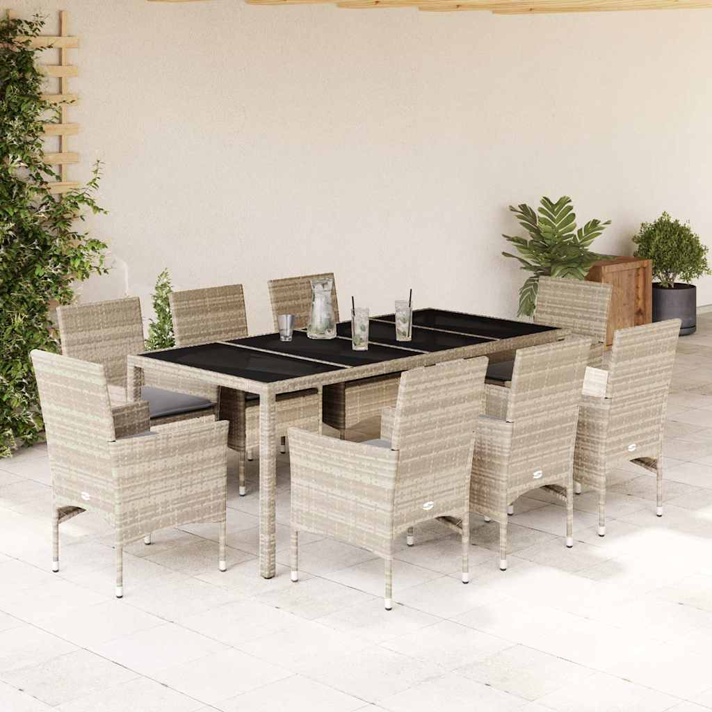 vidaXL 9-tlg. Garten-Essgruppe mit Kissen Hellgrau Poly Rattan & Glas