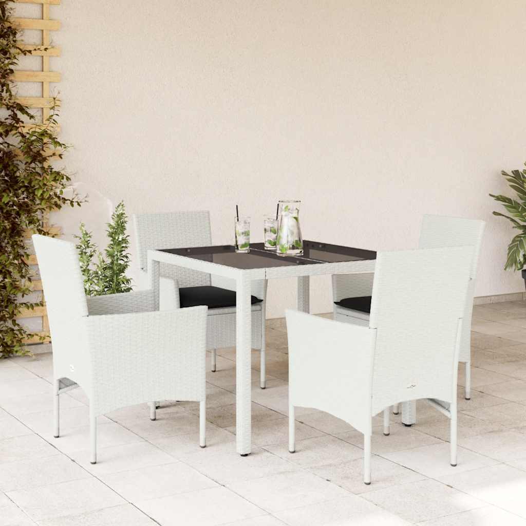 vidaXL 5-tlg. Garten-Essgruppe mit Kissen Weiß Poly Rattan und Glas