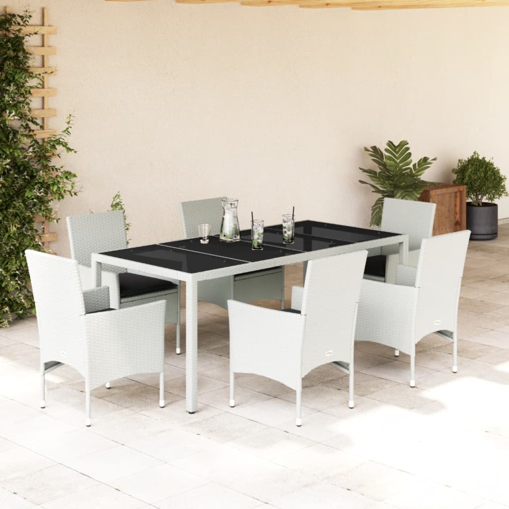 vidaXL 7-tlg. Garten-Essgruppe mit Kissen Weiß Poly Rattan und Glas