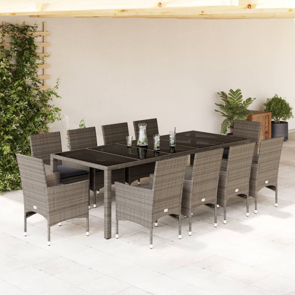 vidaXL 11-tlg. Garten-Essgruppe mit Kissen Grau Poly Rattan Glas