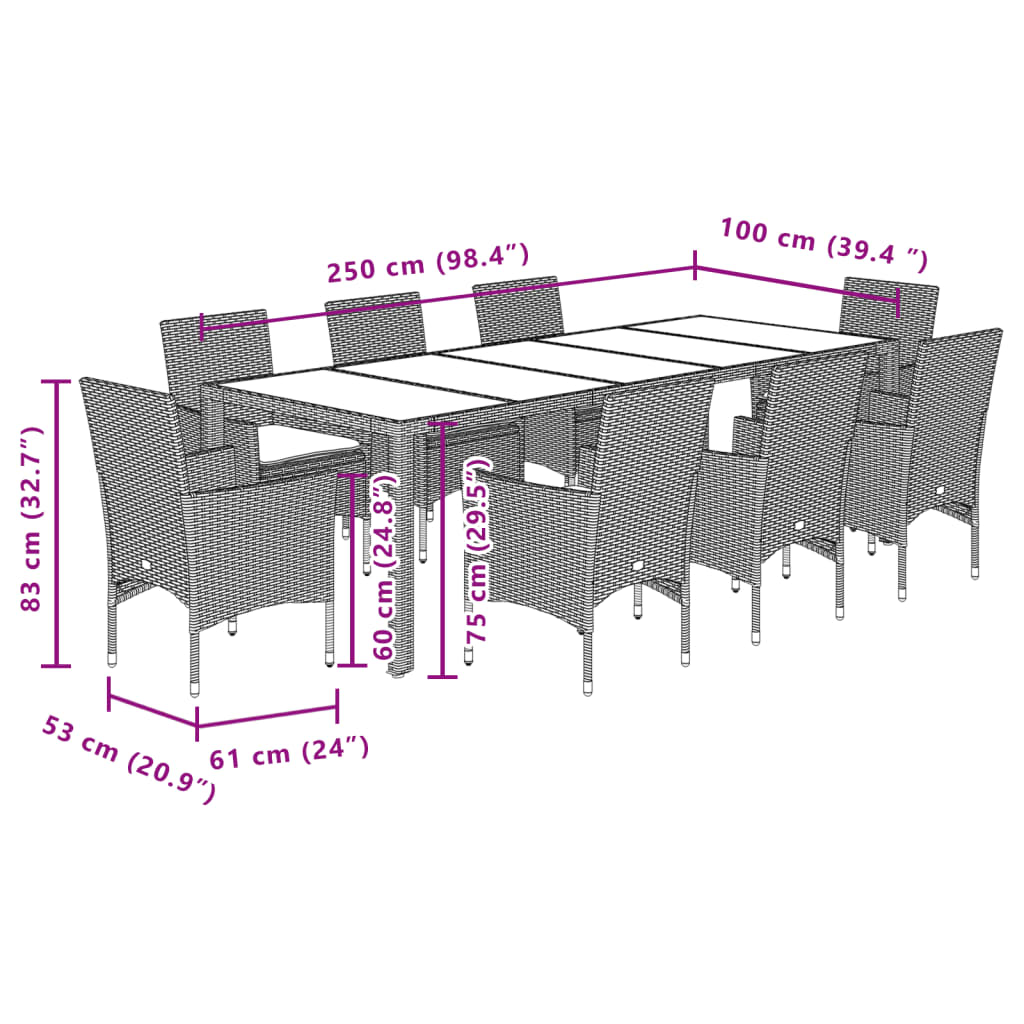 imagem de vidaXL 9 pcs conjunto jantar jardim com almofadões vime PE/vidro bege8