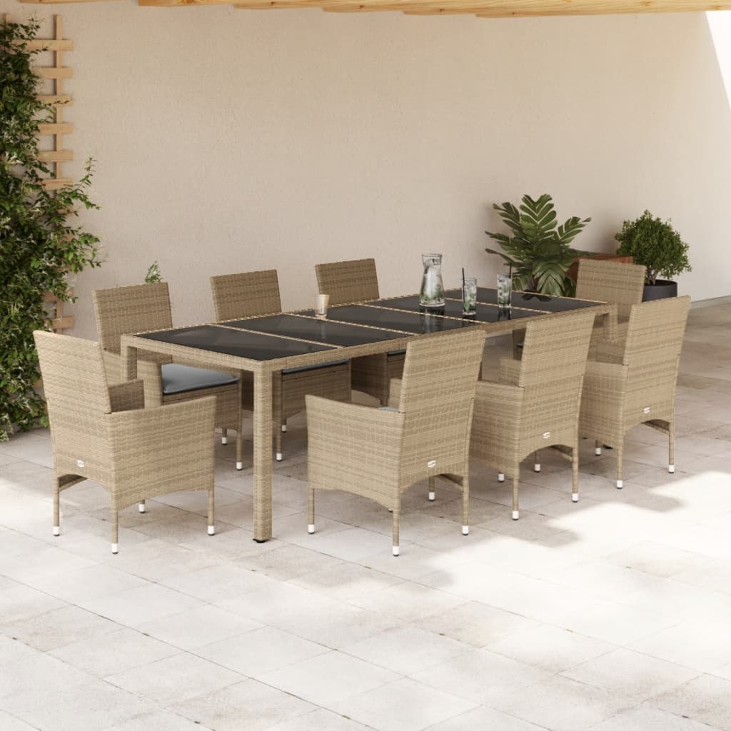 vidaXL 9-tlg. Garten-Essgruppe mit Kissen Beige Poly Rattan Glas