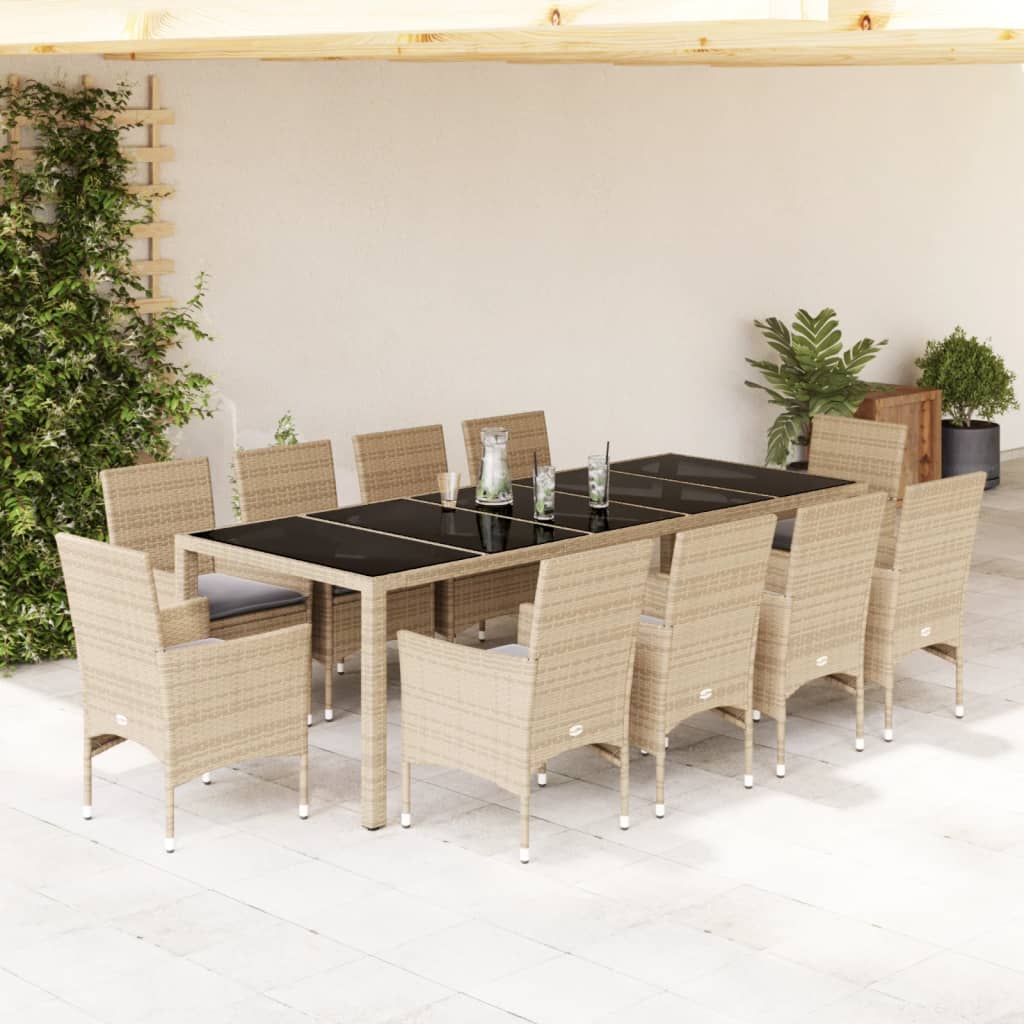 imagem de vidaXL 11 pcs conjunto jantar jardim com almofadões vime PE/vidro bege1