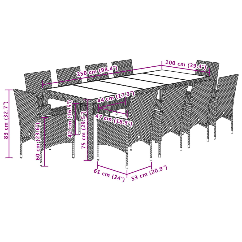 imagem de vidaXL 11 pcs conjunto jantar jardim com almofadões vime PE/vidro bege8