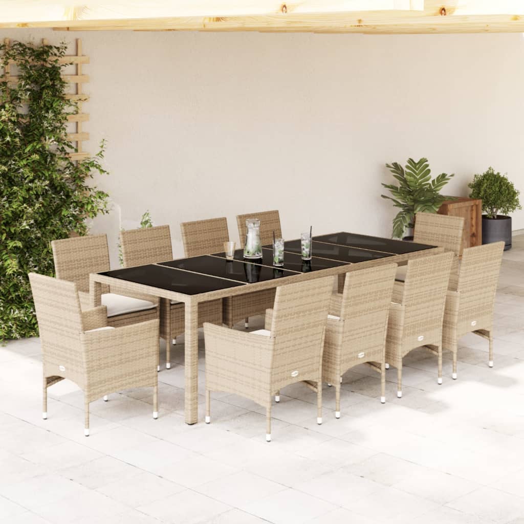 imagem de vidaXL 11 pcs conjunto jantar jardim com almofadões vime PE/vidro bege1