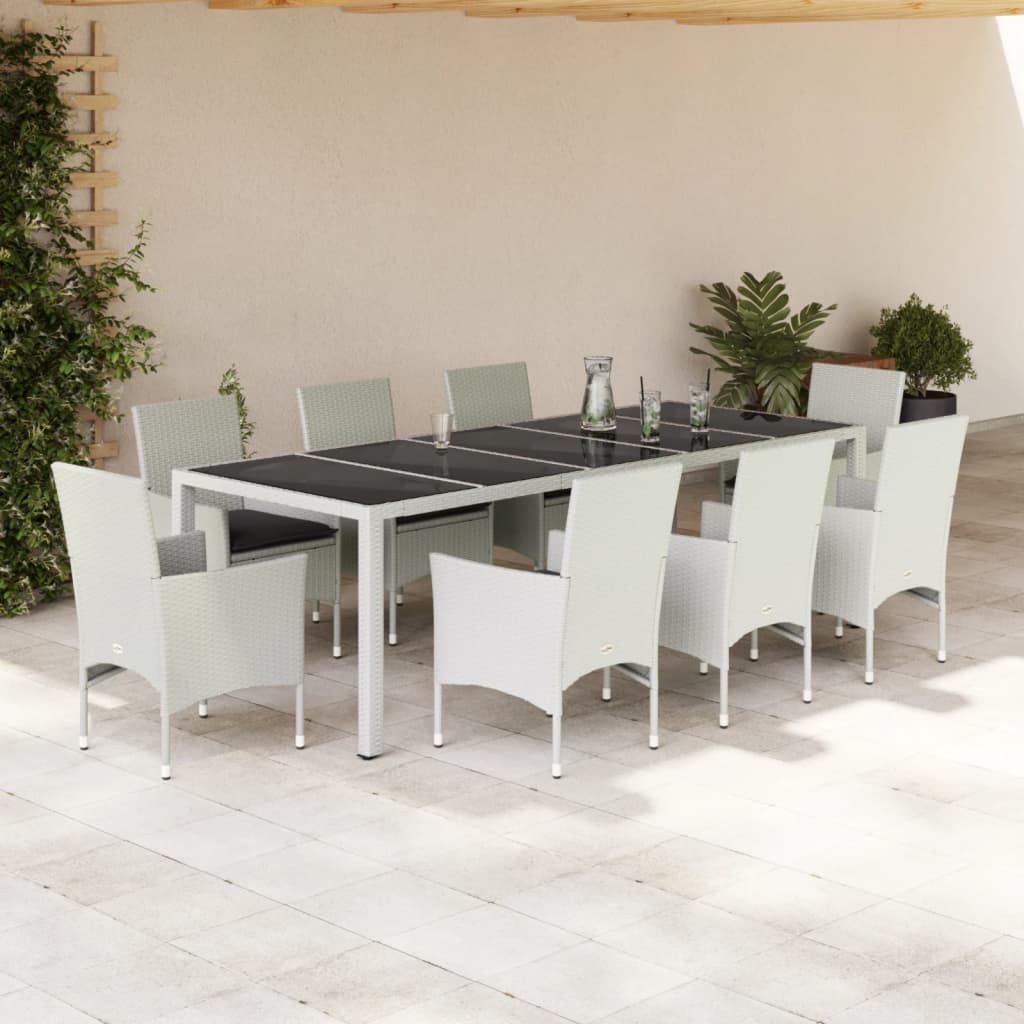 vidaXL 9-tlg. Garten-Essgruppe mit Kissen Weiß Poly Rattan und Glas