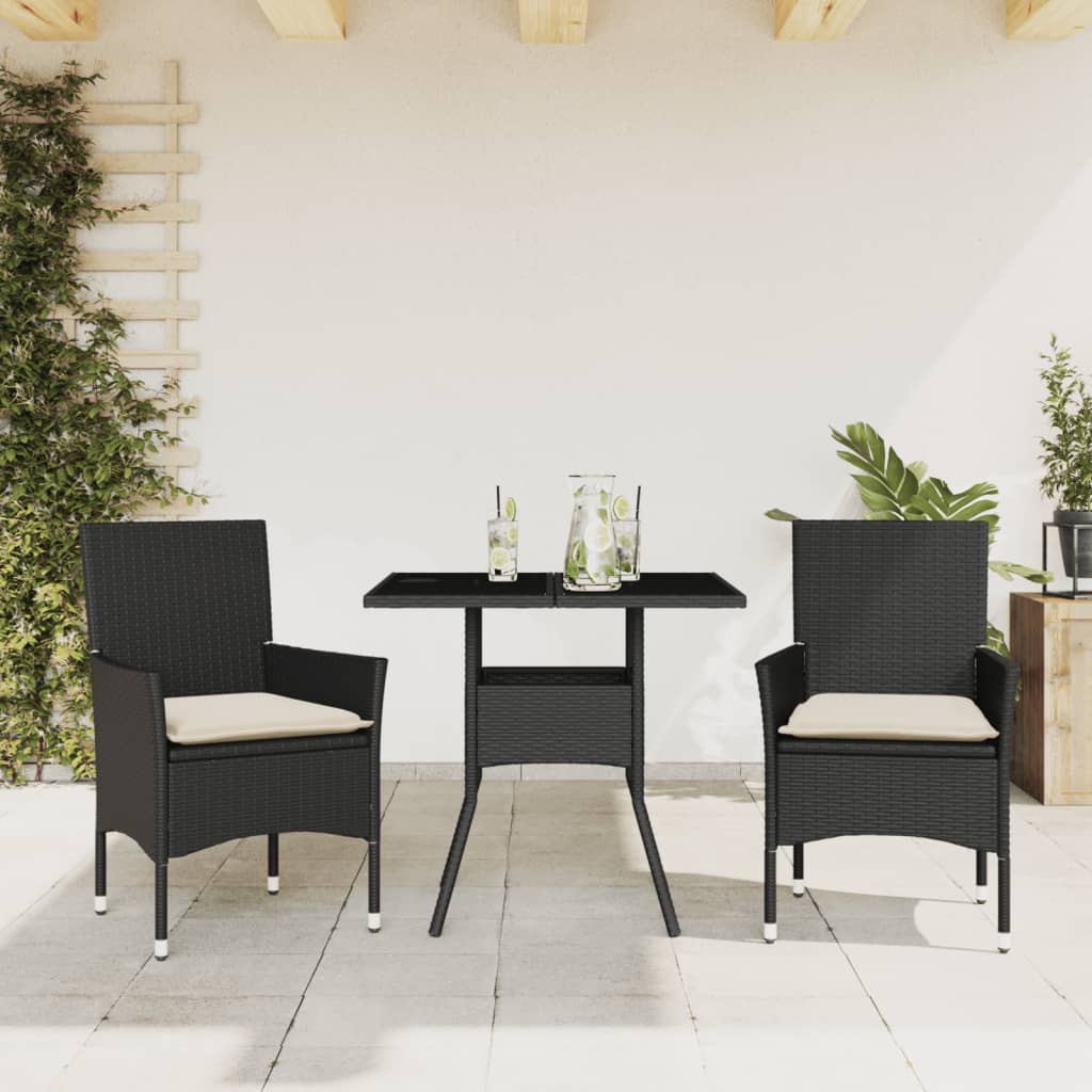 vidaXL 3-tlg. Garten-Essgruppe mit Kissen Schwarz Poly Rattan Glas