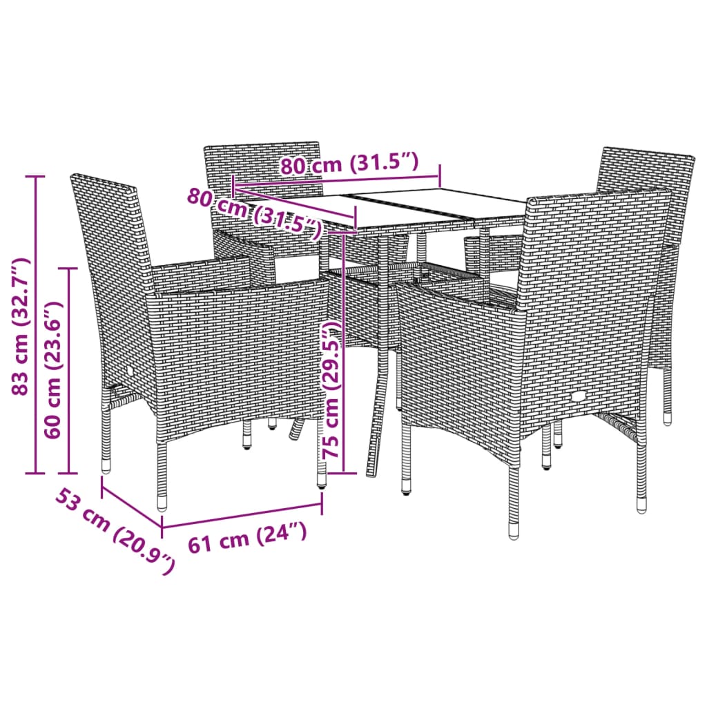 imagem de vidaXL 5 pcs conjunto jantar jardim c/ almofadões vime PE/vidro preto8