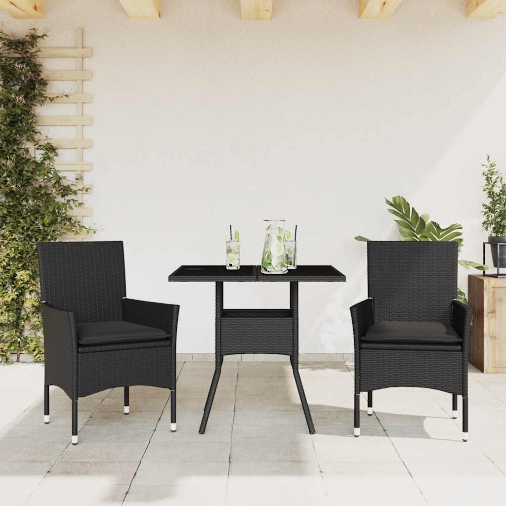 vidaXL 3-tlg. Garten-Essgruppe mit Kissen Schwarz Poly Rattan Glas