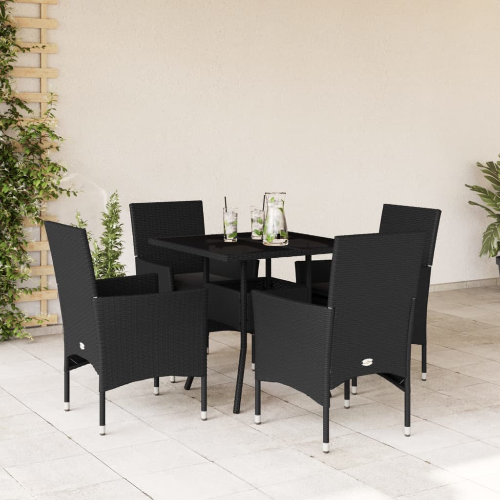 imagem de vidaXL 5 pcs conjunto jantar jardim c/ almofadões vime PE/vidro preto1