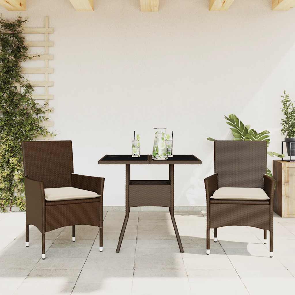 vidaXL 3-tlg. Garten-Essgruppe mit Kissen Braun Poly Rattan Glas