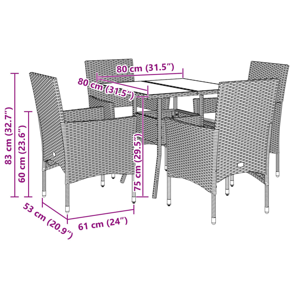 imagem de vidaXL 5pcs conjunto jantar jardim c/almofadões vime PE/vidro castanho8