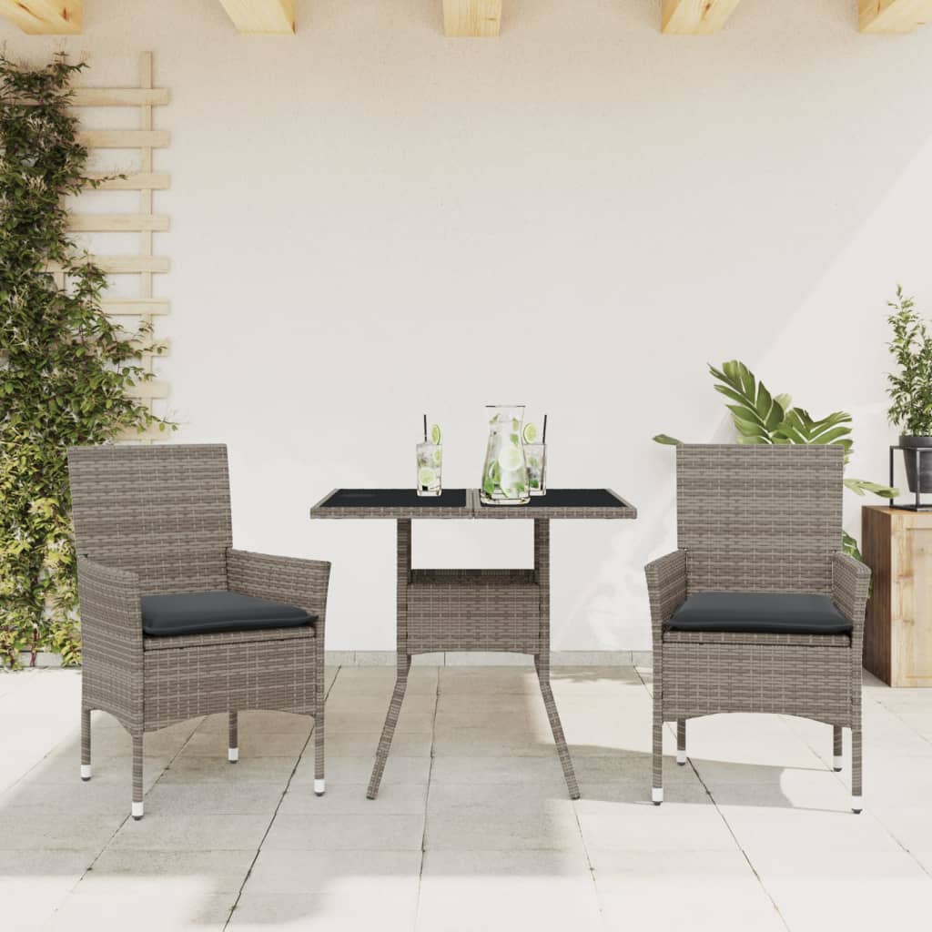 vidaXL 3-tlg. Garten-Essgruppe mit Kissen Grau Poly Rattan und Glas