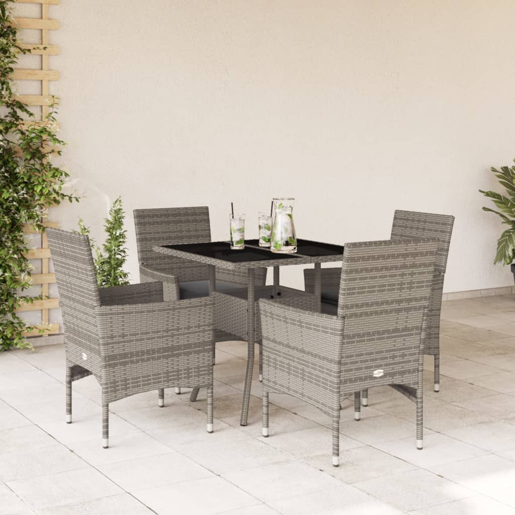 vidaXL 5-tlg. Garten-Essgruppe mit Kissen Grau Poly Rattan und Glas