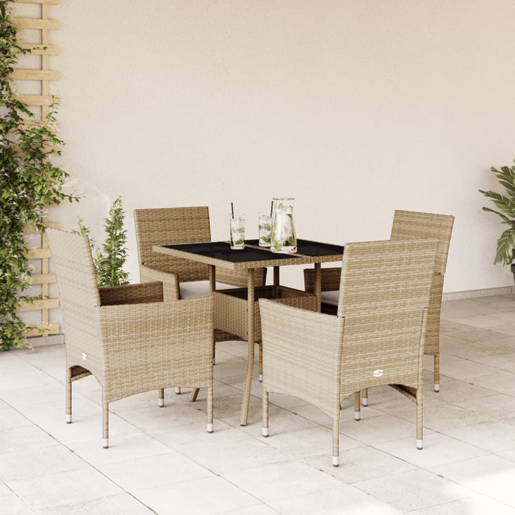 vidaXL 5-tlg. Garten-Essgruppe mit Kissen Beige Poly Rattan und Glas