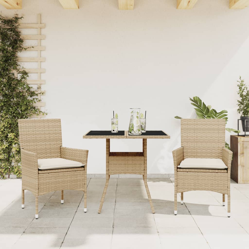 vidaXL 3-tlg. Garten-Essgruppe mit Kissen Beige Poly Rattan und Glas