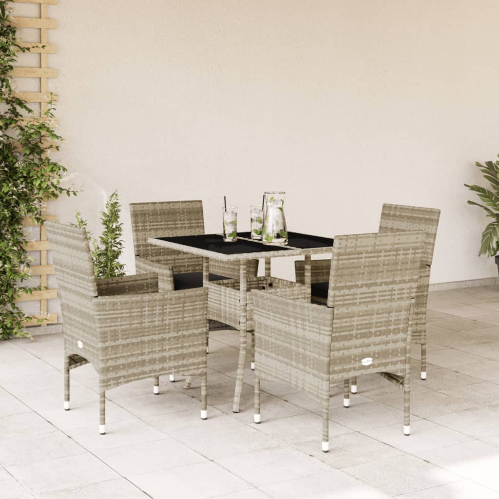 vidaXL 5-tlg. Garten-Essgruppe mit Kissen Hellgrau Poly Rattan Glas