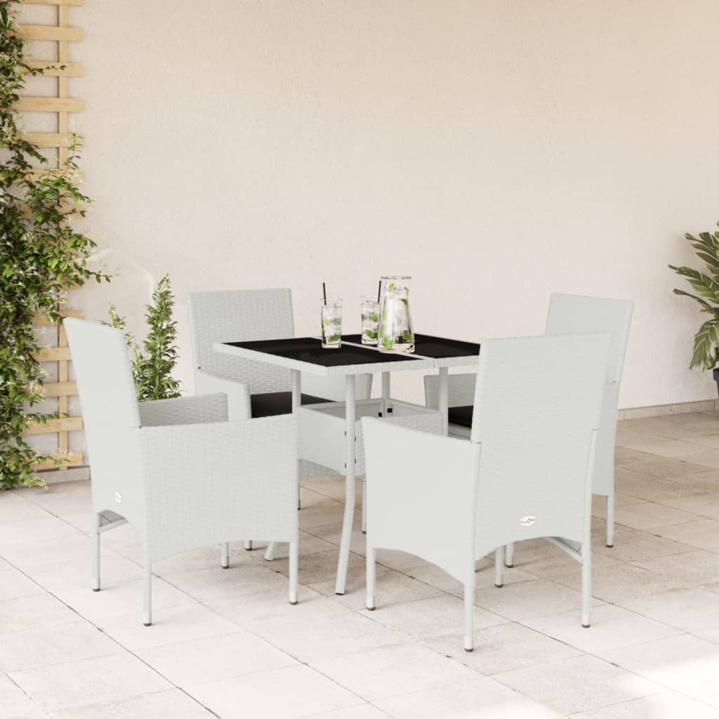 vidaXL 5-tlg. Garten-Essgruppe mit Kissen Weiß Poly Rattan und Glas