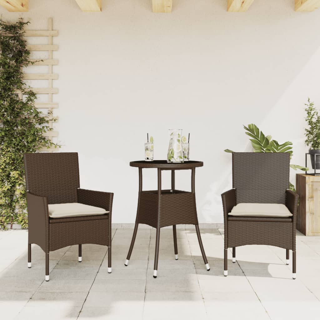 vidaXL 3-tlg. Garten-Essgruppe mit Kissen Braun Poly Rattan Glas